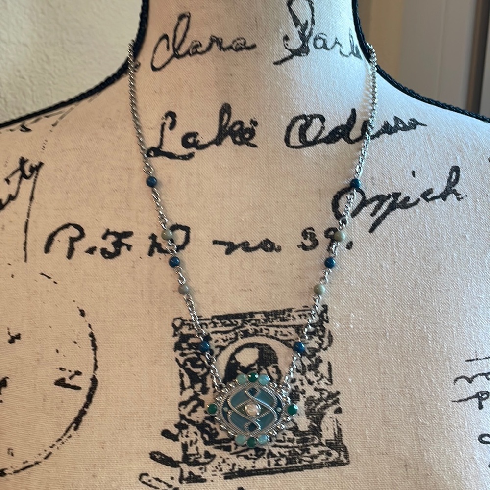 Lia Sophia silver colored chain with blue beads & enameled attached pendant